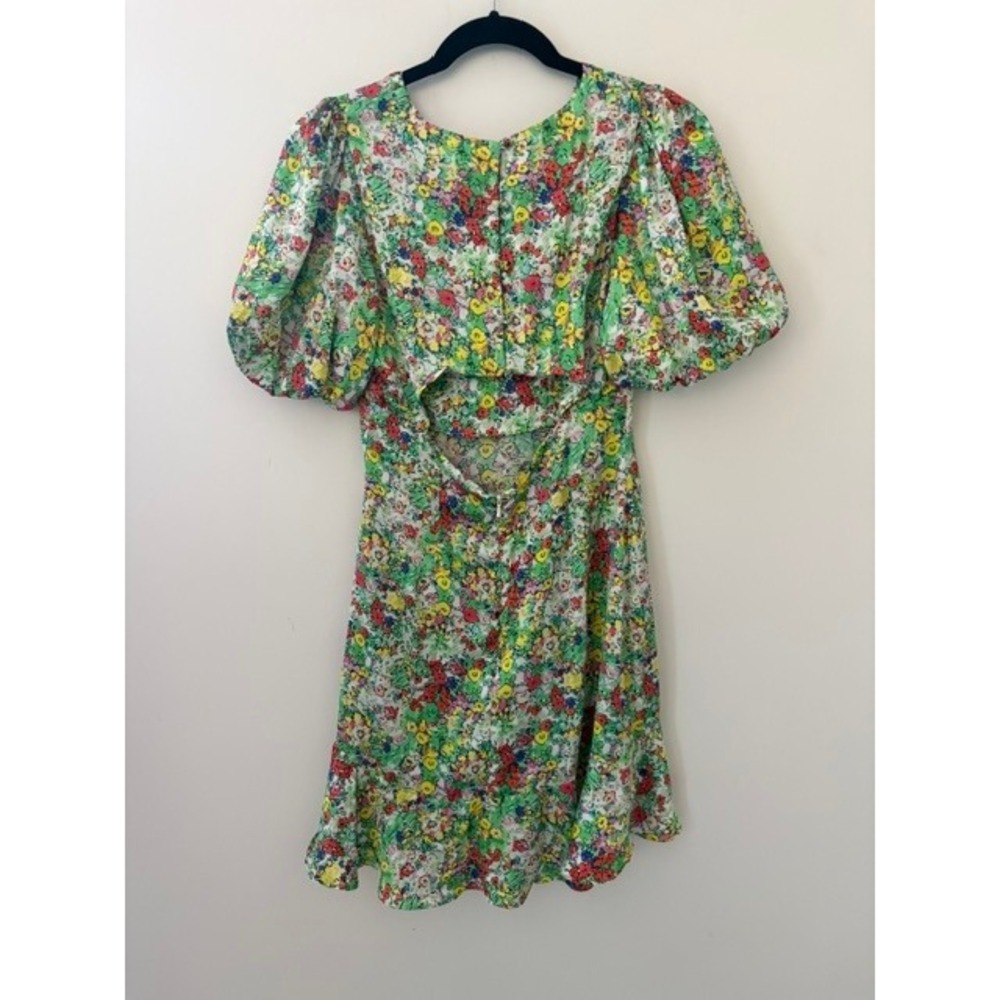 Topshop Floral Puff Sleeve Cutout Back Mini Dress Green Multi Size US 4 - Picture 3 of 4